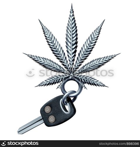 Cannabis and driving and marijuana impaired driver concept as a road safety symbol with car keys shaped as a weed leaf with 3D illustration elements.