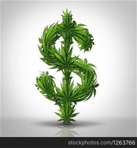 Cannabis business and marijuana industry concept as leaves shaped as a dollar sign in a 3D illustration style.