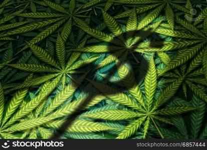 Cannabis business and marijuana industry concept as the shadow of a dollar sign on a group of leaves in a 3D illustration style.