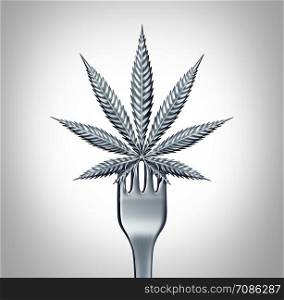 Cannabis edibles concept or marijuana food symbol with a leaf representing pot baked goods and herbal snacks infused with psychoactive medicinal ingredient with 3D illustration elements.