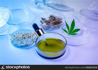 Cannabis oil and hemp leaves in laboratory under neon light. Petri dishes and glassware on lab table. Dermatology concept, alternative treatment. Close up. Legal and Medical use of marijuana. Cannabis oil and hemp leaves in laboratory under neon light