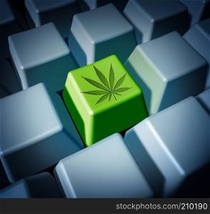 Cannabis online purchase of legal marijuana through e commerce and internet weed sales concept as a keyboard with medical or recreational pot buying on the web symbol as a 3D render.