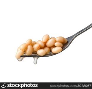 Canned beans on a fork isolated on white