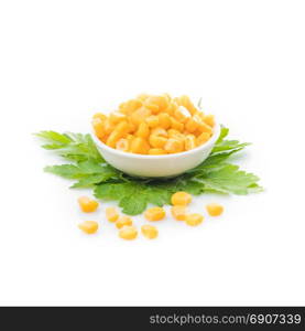 Canned corn in a bowl. sweet corn. corn isolated on white background