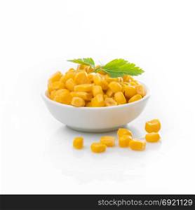 Canned corn in a bowl. sweet corn. corn isolated on white background