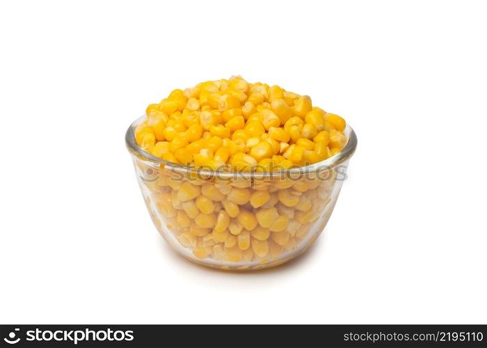 Canned corn in bowl isolated on white. Canned corn in bowl