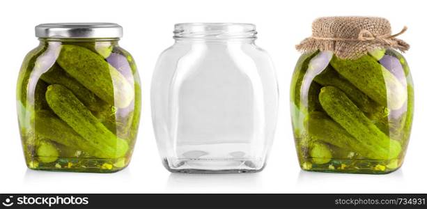 Canned cucumbers in glass jars isolated on white