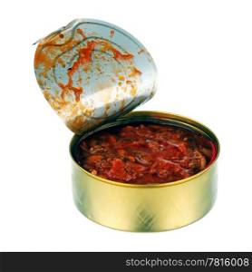Canned fish in tomato sauce on a white background