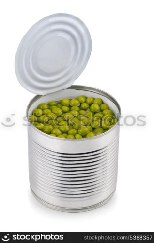Canned green peas isolated on white