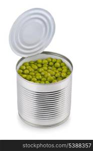 Canned green peas isolated on white