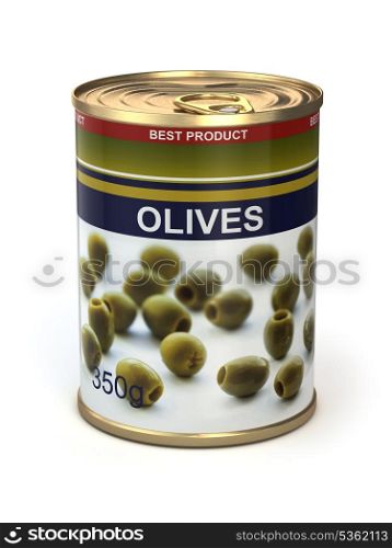 Canned olives on white isolated background. 3d