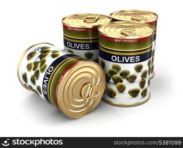 Canned olives on white isolated background. 3d