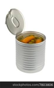 Canned peas and carrots isolated on white background