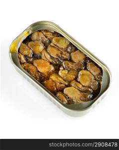Canned Smoked Oysters On White Background