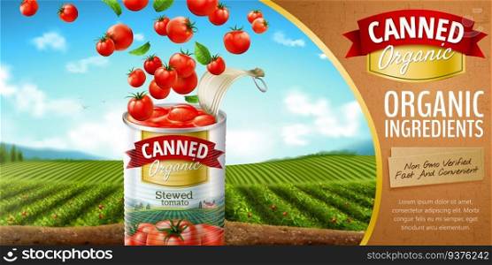 Canned tomato ads with flying vegetables on green field in 3d illustration. Canned tomato ads
