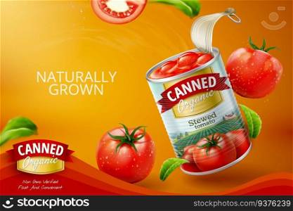 Canned tomato ads with fresh vegetables in 3d illustration. Canned tomato ads