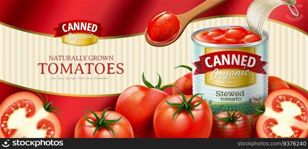 Canned tomato ads with fresh vegetables on simple wavy background in 3d illustration. Canned tomato ads