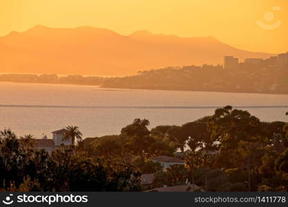 Cannes and French riviera golden sunset view, Idyllic coast of France