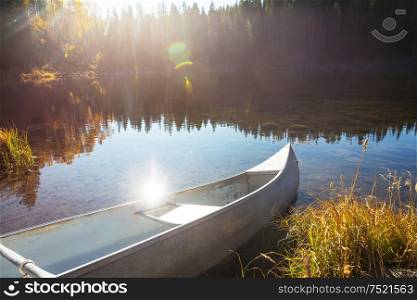 Canoe on the lake in Canadian Rocky