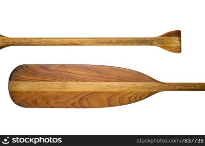 canoe paddle abstract - blade, shaft and grip of an old wooden paddle isolated on white