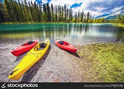 Canoes at the Bow River in Banff National Park Alberta Canada