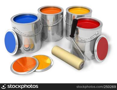 Cans with color paint and roller brush