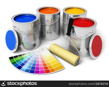 Cans with color paint, roller brush and color guide isolated on white background