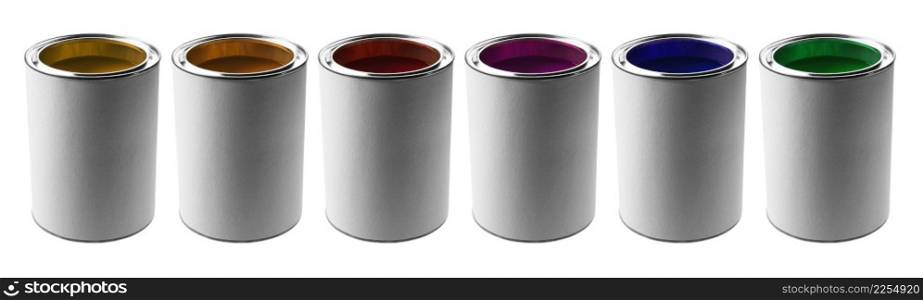 Cans with different colors of paints on a white background.. Cans with different colors of paints on a white background