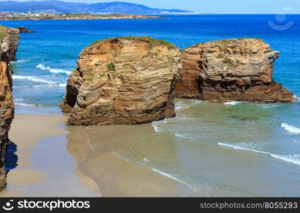 Cantabric coast summer landscape with cliffs (Cathedrals Beach, Lugo, Galicia, Spain).