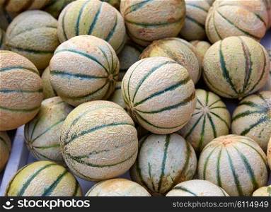 Cantaloupe melons at the marketplace stacked