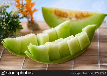 cantaloupe thai slice fruit for health green cantaloupe thailand, cantaloupe melon on wooden plate