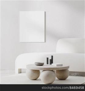 canvas mockup in white room interior with sunlight shadows and white sofa with stone coffee table, 3d rendering