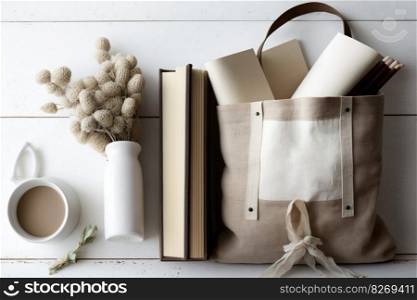 Canvas tote bag mockup, books and coffee theme, AI Generative