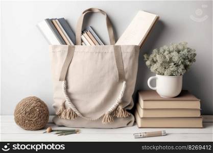 Canvas tote bag mockup with book beside, AI Generative