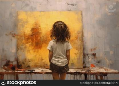 Canvas unfinished paint home child. Painter girl. Generate Ai. Canvas unfinished paint home child. Generate Ai
