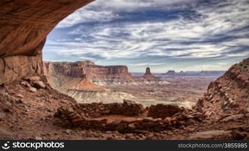 Canyon Anasazi Cave Kiva Scenic Timelapse Canyonlands Moab Utah. Good for themes of travel and adventure, environment, ancient cultures, time, extreme terrains and sports, archeology.