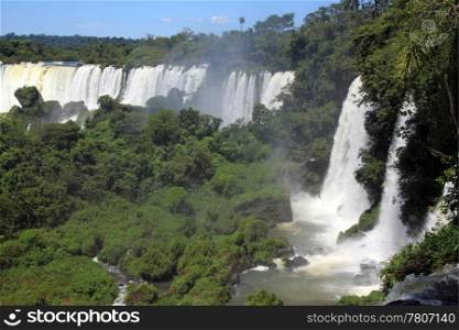 Canyon, forest and wide Iguazu falls in Argentina