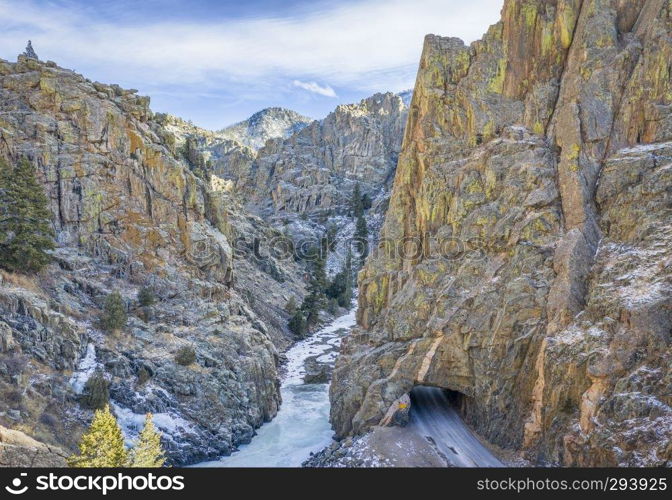 Canyon in Rocky Mountains of Colorado - Poudre River at Little Narrows in winter scenery, aerial perspective