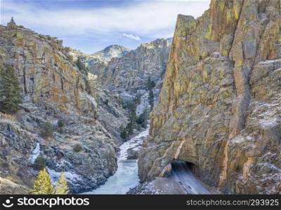Canyon in Rocky Mountains of Colorado - Poudre River at Little Narrows in winter scenery, aerial perspective