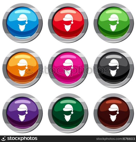 Cap with pompon of Santa Claus and beard set icon isolated on white. 9 icon collection vector illustration. Cap with pompon of Santa Claus and beard set 9 collection