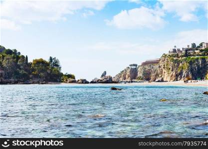 Cape of Taormina and Isola Bella beach in Sicily, Italy in spring