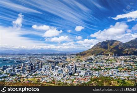 Cape Town city view, traveling to South Africa, many houses on the seashore, beautiful urban panorama, high mountains, summer vacation concept