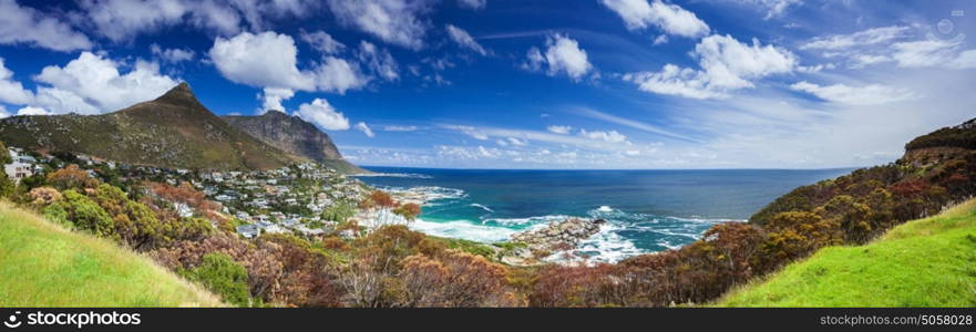 Cape Town panoramic landscape, Camp's Bay and Lion's Head mountain, coastal city between mountains, South Africa