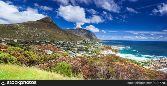 Cape Town panoramic landscape, Camps Bay and Lion's Head mountain, beautiful coastal city, famous touristic place, South Africa