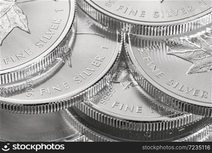 Cape Town, South Africa - August 17, 2019: Illustrative Editorial image of Macro Close up of a 9999 Silver Canadian Maple Leaf Bullion Coin