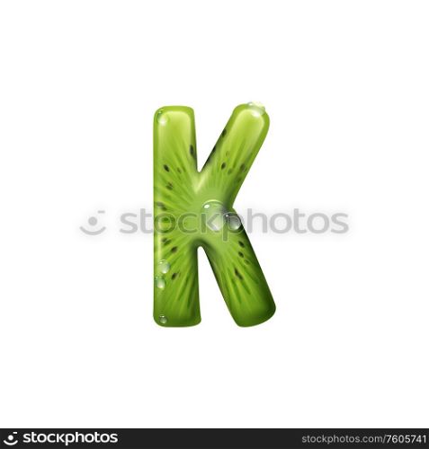 Capital letter K of exotic kiwi isolated summer food alphabet symbol. Vector K, tropical font. K letter of kiwi fruit isolated summer ABC