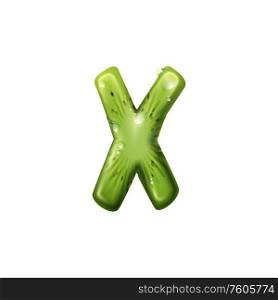 Capital letter X of kiwi fruit isolated food alphabet symbol. Vector capital X, summer font. X letter of kiwi tropical fruit with water drops