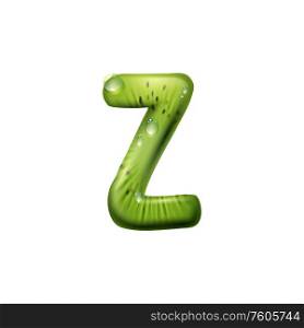 Capital letter Z of kiwi fruit isolated food alphabet symbol. Vector summer font with water drops. Z letter of kiwi fruit with water drops isolated