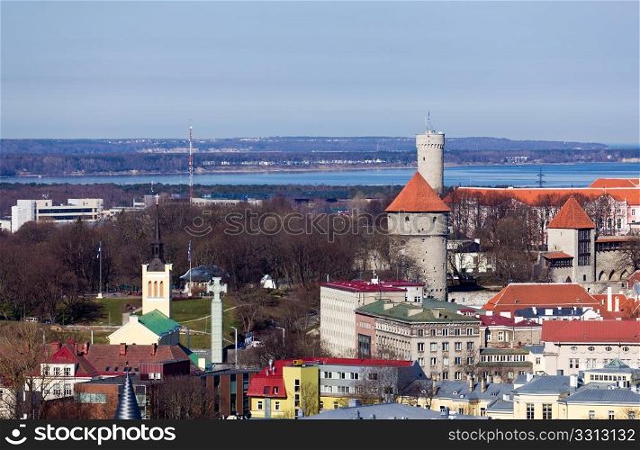 Capital of Estonia, Tallinn is famous for its World Heritage old town walls and cobbled streets. This view shows the Freedom glass cross