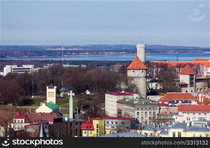 Capital of Estonia, Tallinn is famous for its World Heritage old town walls and cobbled streets. This view shows the Freedom glass cross